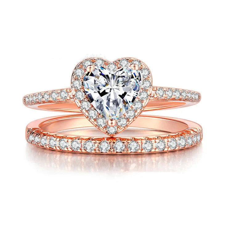 

New European and American classic women's heart-shaped ring set with zircon and rose gold plated jewelry wholesale, Picture shows