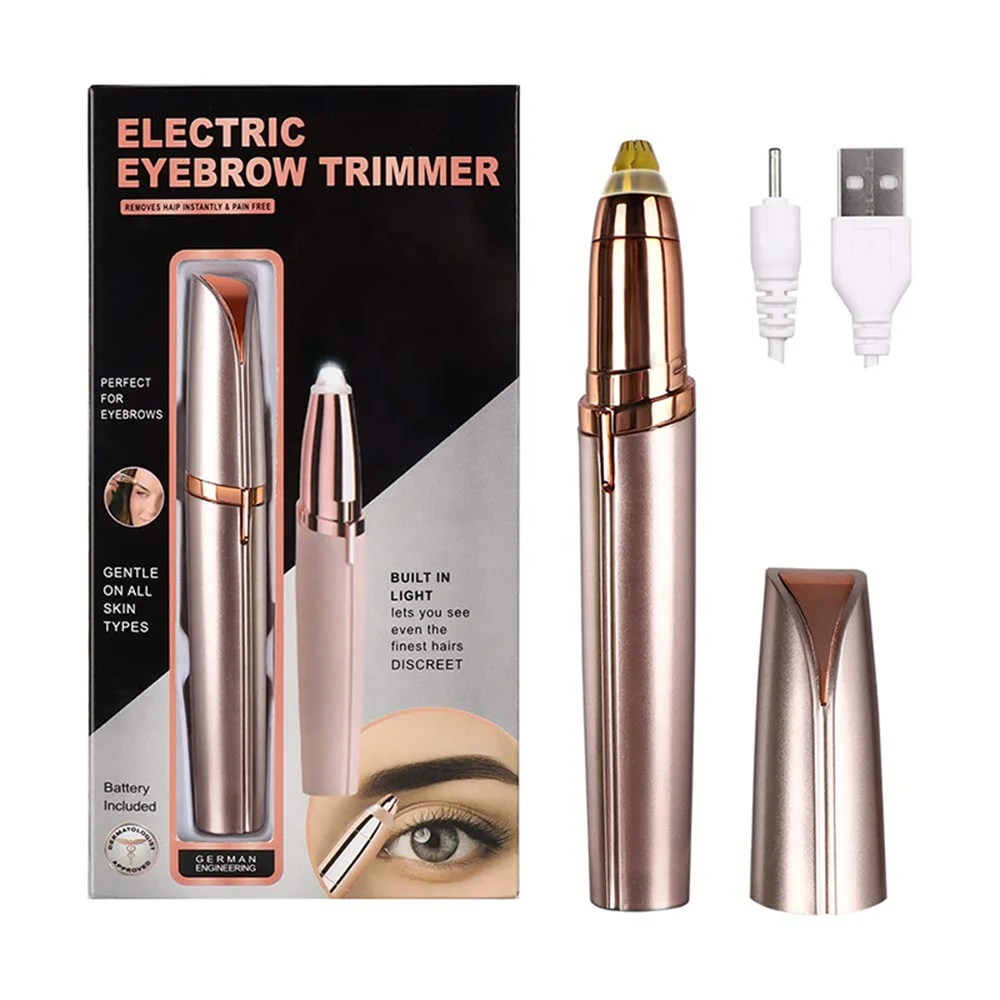 

2020 New Design Private Label USB Rechargeable 2 In 1 Lady Home Travel Portable Painless Mini Electric Eyebrow Trimmer, Champagne gold/white/custom color