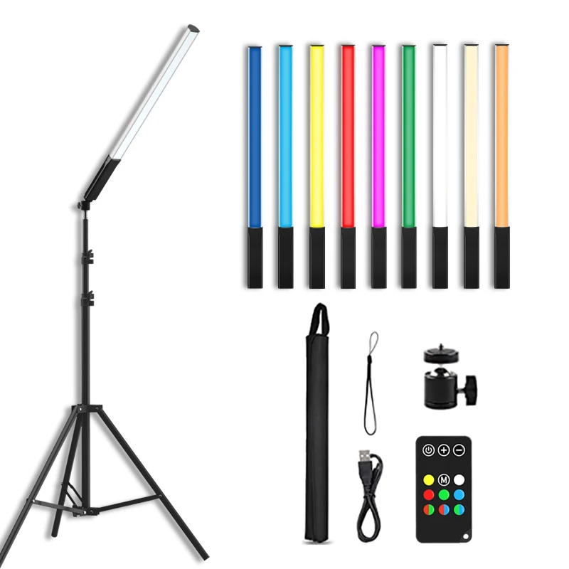 

Portable 60CM RGB Handheld LED Video Light Wand Stick with 9 Colors,built in Rechargeable Battery RK-76 photography light rod, Silver with black handle