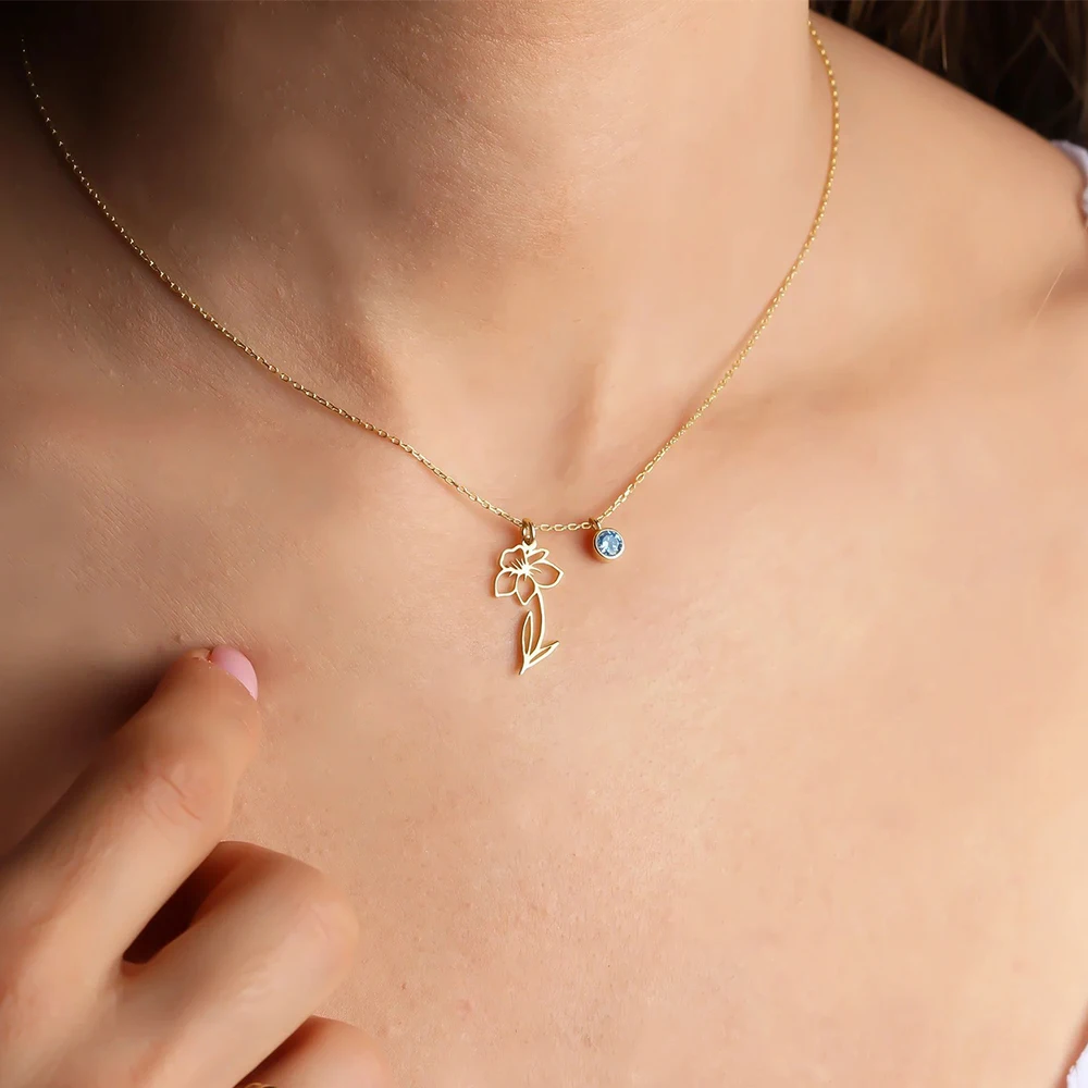 

INS Simple Style Elegant Stainless Steel Birthstone Zircon Necklace Elegant Birth Flower Pendant Necklace For Lady