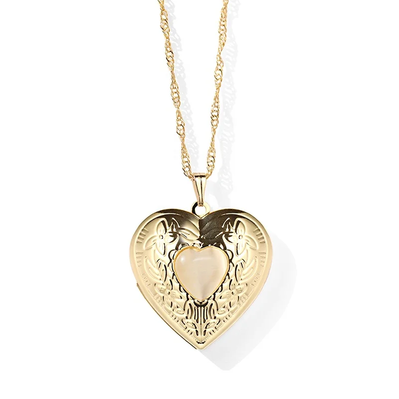 

JAENONES Trend Custom Logo Jewelry Opal Photo Frame 18k Gold Locket Heart Locket Necklace, Gold, silver