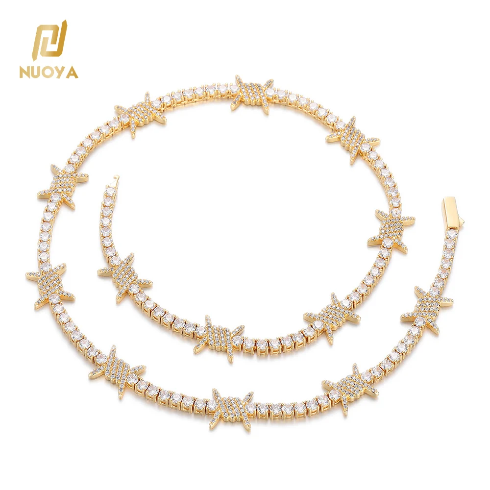 Hip Hop Jewelry Iced Out Bling Zircon Thorn Tennis Chain Women's Choker 18K Gold Plated Barbed Wire Tennis Chain Necklace