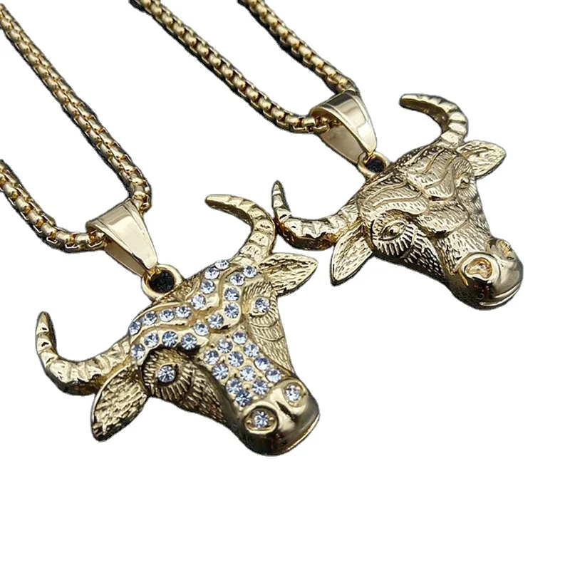 

Blues RTS Fashion Hip hop Style gold plating Stainless steel Bull Head Necklace with Diamond