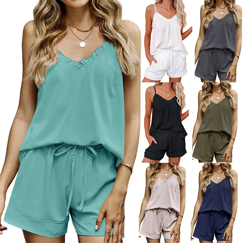 

Customized women's pajamas spring and summer sleeveless shorts lounge wear set solid color V-neck sexy sleepwear, Picture shows