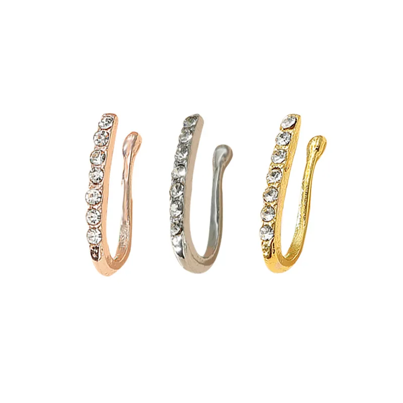 

POENNIS zircon nose rings cuffs 6 U shape face nose ring cuff clip on non piercing nose rings, Silver,gold,rose gold