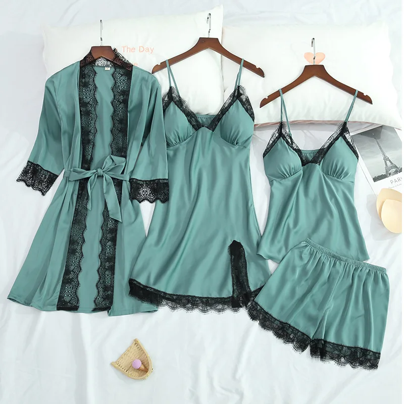 

pijamas mujer OEM/ODM Women 4pcs Silk Lace Women's Robe and Nightie Nightgown Robe Sleepwear for Ladies Satin Pajamas Set