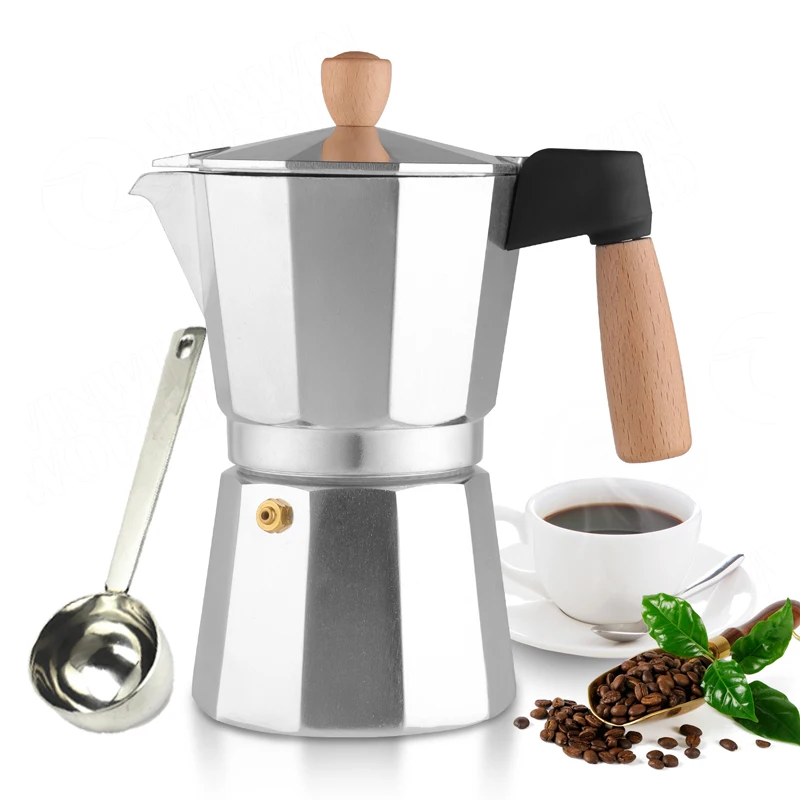 

Eco Friendly Product Aluminium Stovetop Espresso Moka Pot Espresso Cup Coffee Maker With Wooden Handel And Knobe