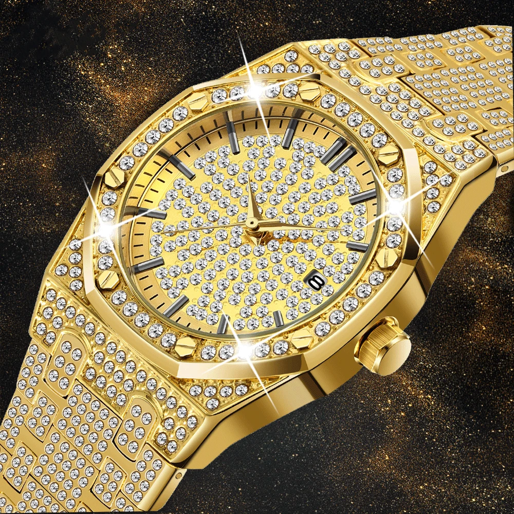 

Iced Out Diamond Top Luxury Brand Gold Plated Quartz Watch Unique Gift For Men With Date, 3 colors