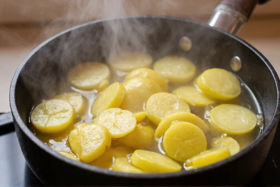 Fresh ginger slices boiling in a small pot of water with steam rising, close-up kitchen photography