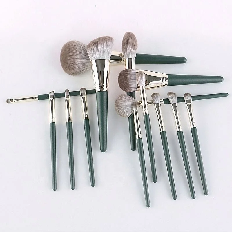 

Wholesale 14 PCS Green Makeup Brush Set Soft Hair wooden handle makeup brush set, Pics