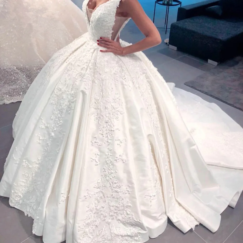 

New Luxury Wedding Dress Ball Gown Puffy Satin Lace Beading Appliques Sleeveless Bridal Dress Custom Made Wedding Bridal Gowns