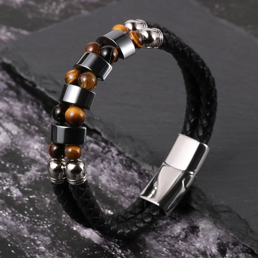 

2 Layer Wristband Natural Hematite Tiger Eye Stone Bead Men's Genuine Leather Black Bangle Bracelet