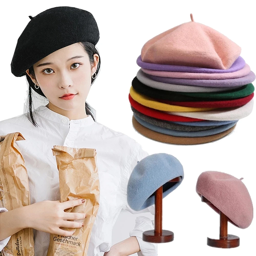 

Women Girl Beret hat French Artist Warm Wool Winter Beanie Hat Vintage Plain Beret Hats Solid Color Elegant Lady Winter