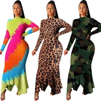 

WA8862 lady fashionable print long sleeve bodycon long maxi dresses