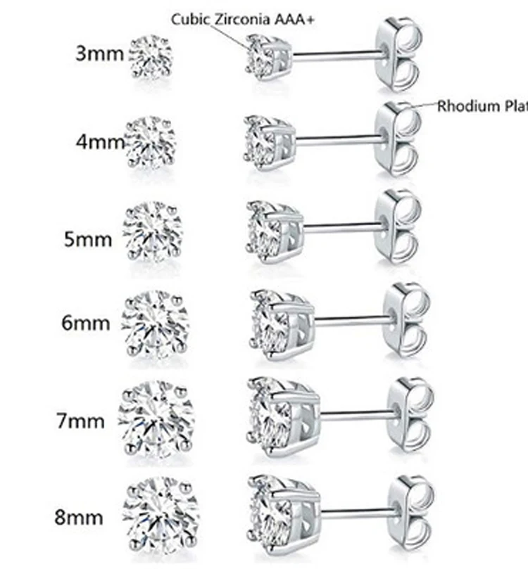 

wholesale stainless steel 3 mm 4 mm 5 mm 6 mm 7 mm 8 mm round cubic zircon stud earrings for women