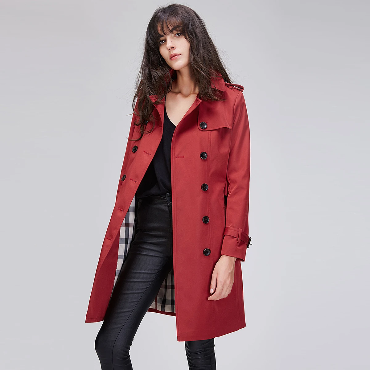 

2022 autumn and winter new British double breasted trench coat mid-length ladies red jacket women trench coats