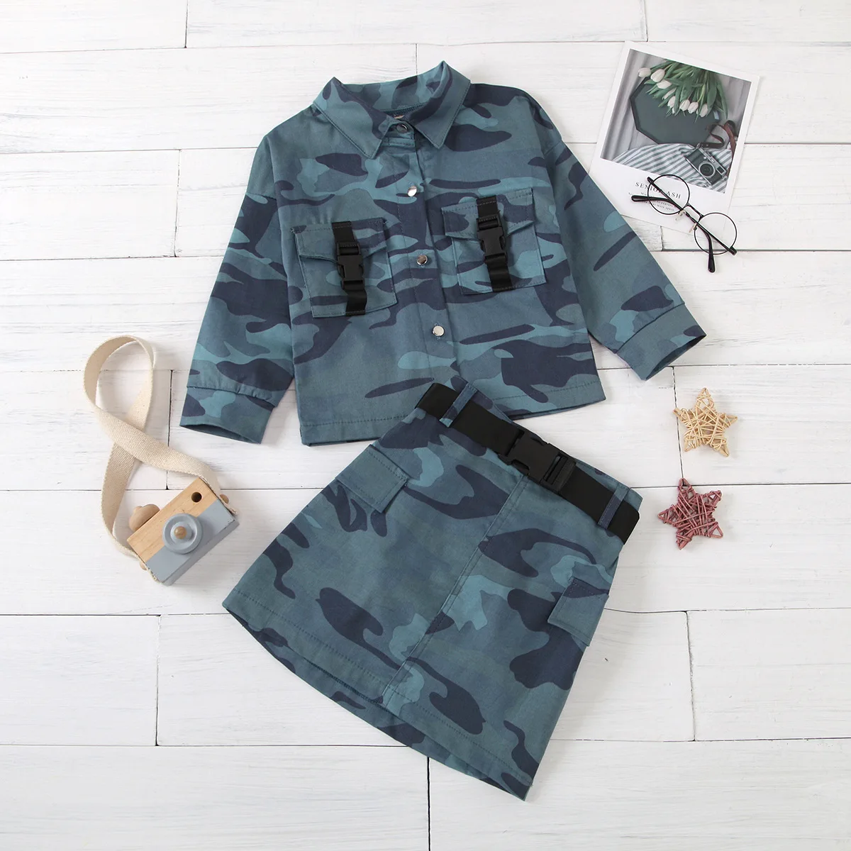 

2020 Fall Kid Girl Blue Camouflage Clothing Set 2 pcs Long Sleeve Top Shirt + Matching Skirt Outfit Set for 2-6T, As photo