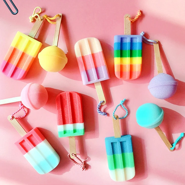 

2020 Newest Popsicle Cute Shower Sponges Soft Bathing Scrub for Kids Birthday/Christmas Gift Lovely Rainbow Baby Bath Sponge