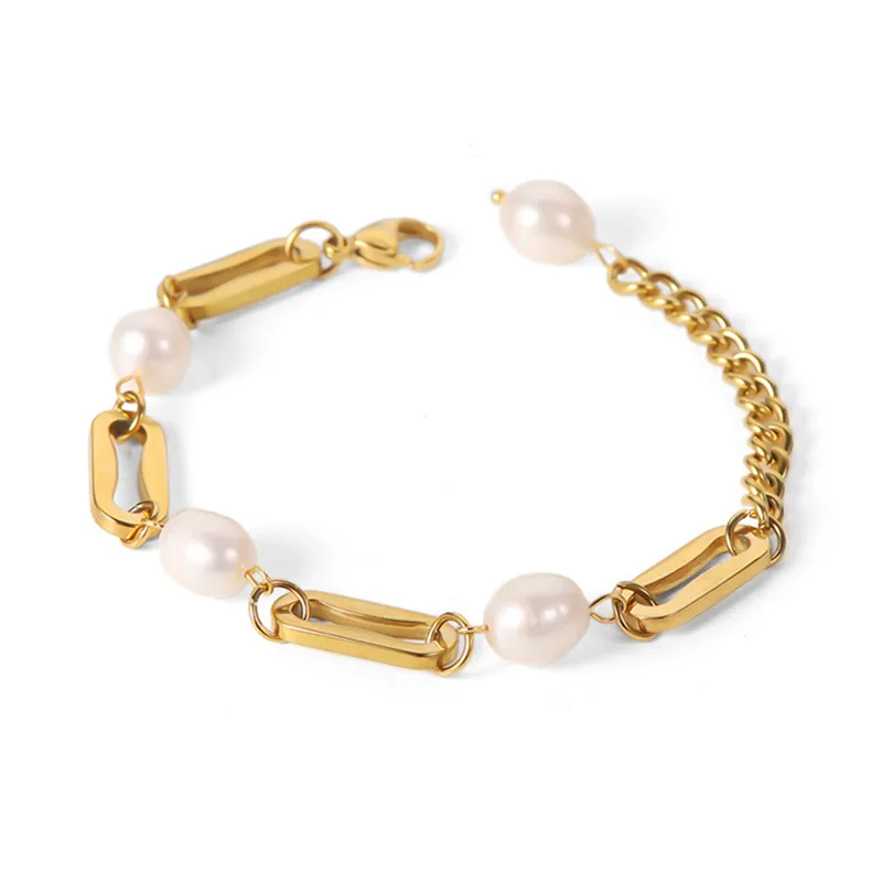 

Paper Clip Chain with Baroque Freshwater Pearl Bracelets For Women Rectangular Link Chain Bracelet