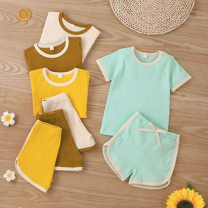 

Hot sale children's clothing summer stretch casual girls two-piece T-shirt top girl shorts suit