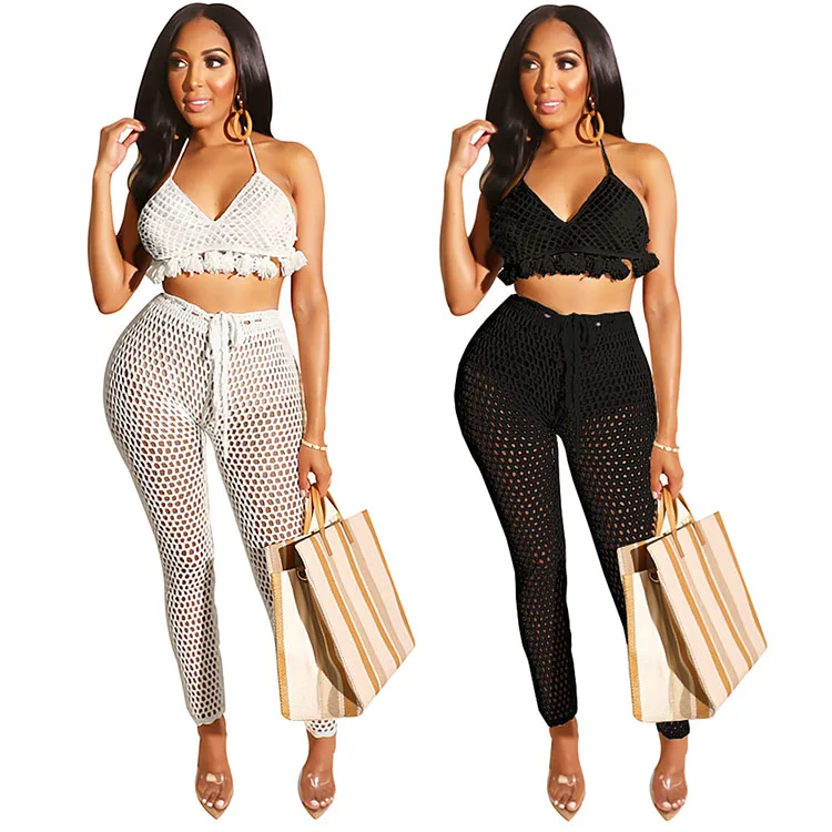 

GL6172 Fashion Mesh Pants Beachwear Crochet Bikini Tassel Sexy 2 Piece Set Women