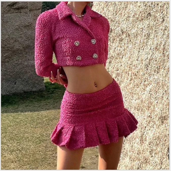 

New Arrival 2022 Spring Autumn Women Slim Suit Ladies Long Sleeve Tweed Blazer Mini Dress Suits Set, Rose