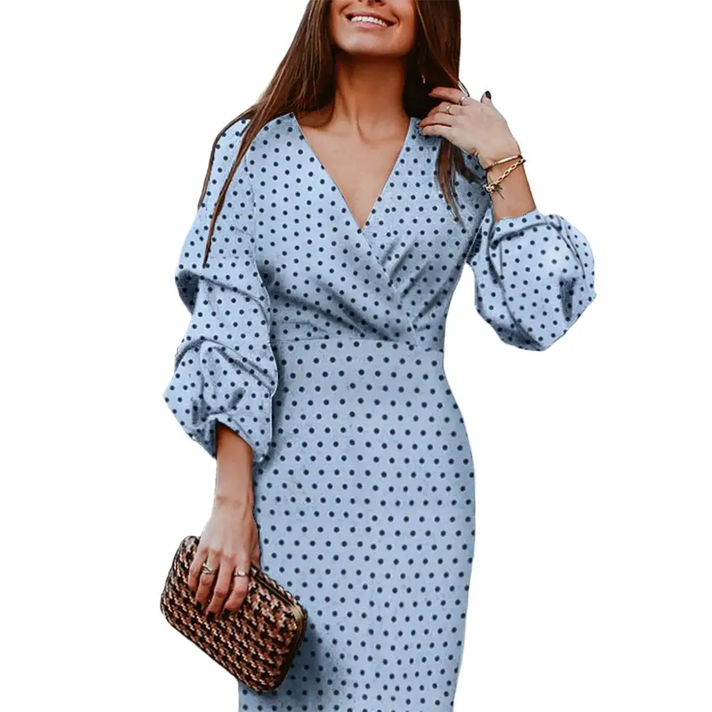 Women's Sexy V-neck Dress Polka Dot Print Lantern Sleeve Women's Party Dress Slim Women's Vintage Midi Dress