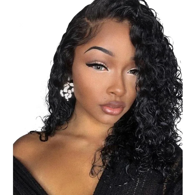 

Long Natural Black Jerry Curly Brazilian Virgin 100% Human Hair Side Part Lace Front Wigs With Natural Hairline