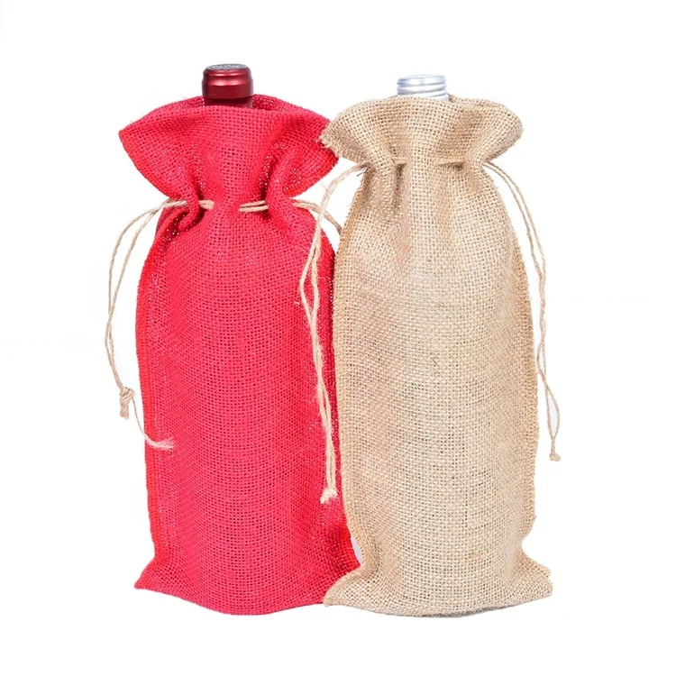 

Customized Printed Logo Eco Friendly Gift Pouches Linen Bottle Wine Jute Bag PT-025, Red, jute