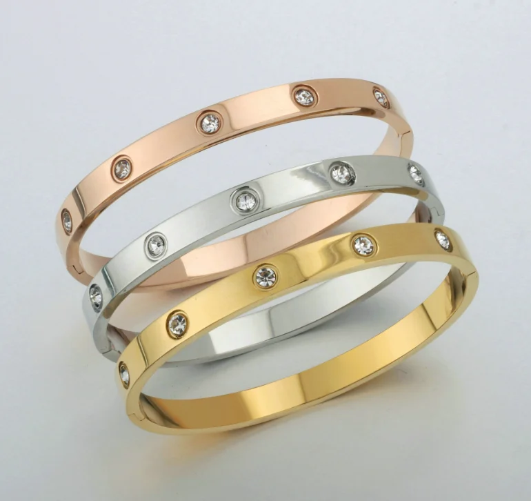 

Luxury Crystals Lover Bangles Cubic Zirconia Bracelets Couple Jewelry Stainless Steel Bangles For Women Gift