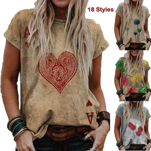 

Cross-border women's landscape printed casual T-shirt with round neck and short sleeves