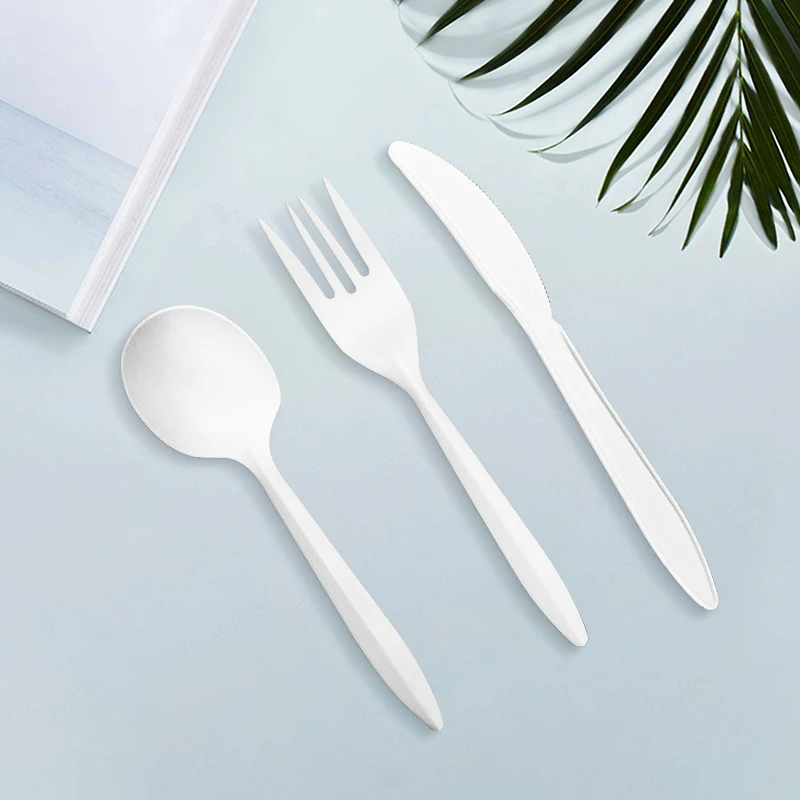 

6Inch Chinese White Disposable Pp+ Corn Starch Spoon Fork Knife Plastic Cutlery Set