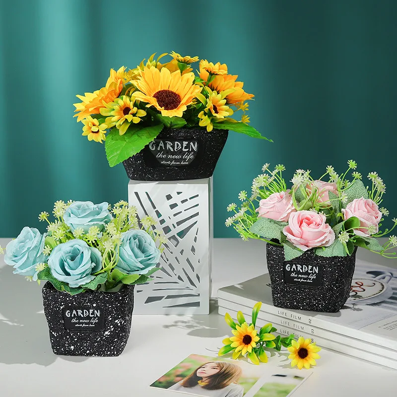 

wholesale ins creative artificial plants rose sunflower flower with ceramic pot, To be required