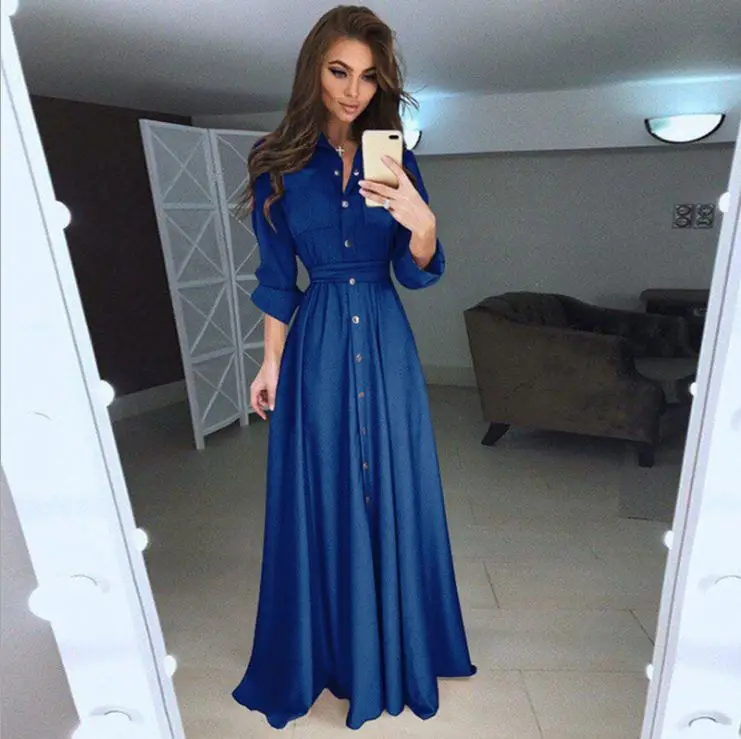 

Wholesale Fashion Women Long Sleeve High Quality Spring Autumn Slim Botton Maxi Party Dress