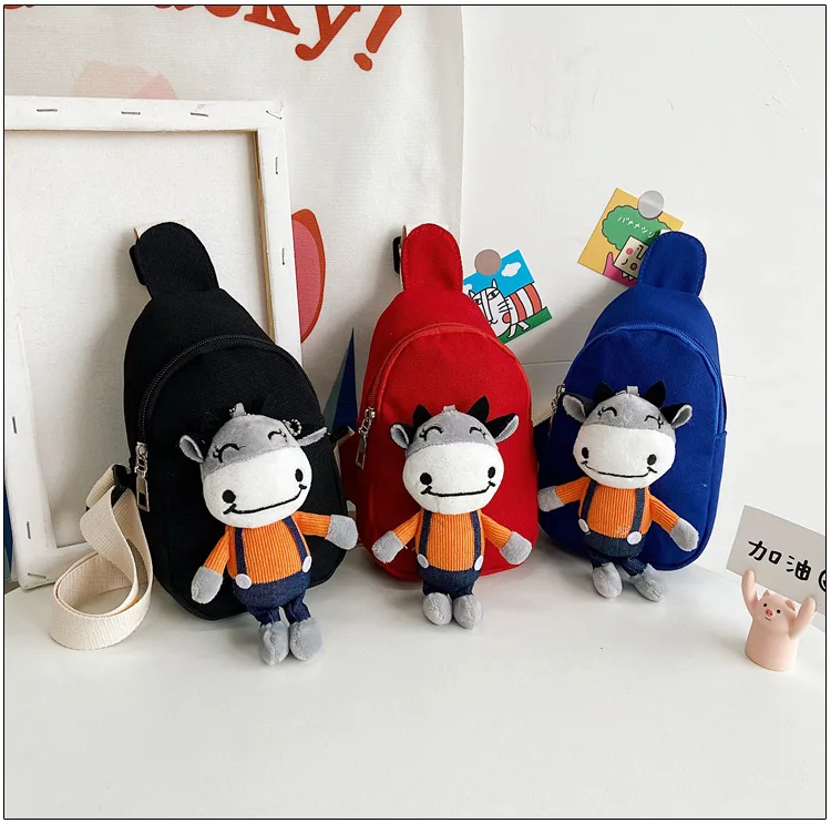 

New Cute Shoulder Bag Stuffed Doll Cotton Canvas Bag Colorful Cattle Shape Messenger Bag, Black, red, blue, pink, yellow