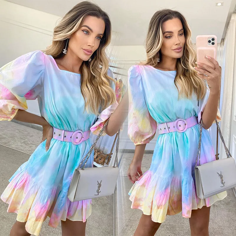 

2021 Summer Sexy Half Sleeve Tie Dye Woman's Dress With Belt, 1colors