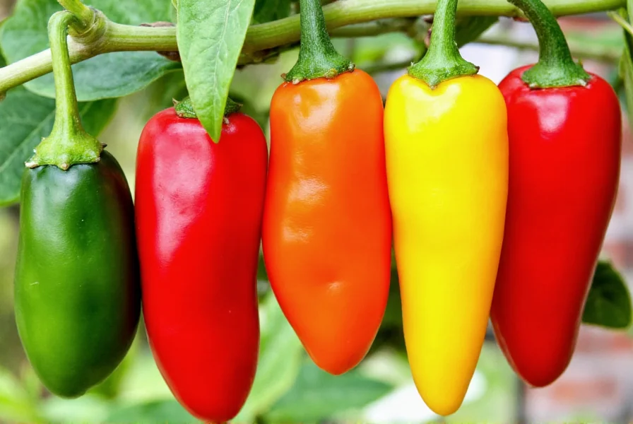 Colorful arrangement of different capsicum pepper varieties showing progression from green to red, yellow, and orange stages on the same plant