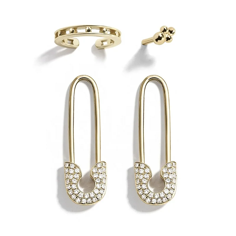 

New PUNK Rock Style Safety Pin Rhinestone Stud Earrings For Women 2020 Simple Earclip 4-piece jewelry Sets
