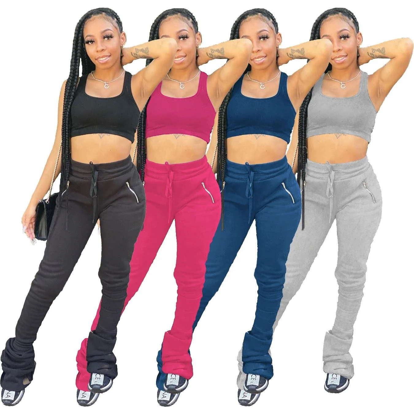 

2021 Fall Wholesale Womens Pants Zip Pocket Pleated Micro-Flare Stacked Slacks Leggings, White, yellow, gray, green, black, pink, blue