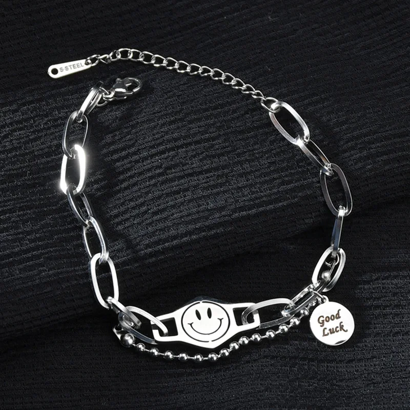 

Fashion Women Simple Design Stainless Steel Bracelet Smile Face Goodluck Alphabet Chunky Chain Bracelet (KSS275), Same as the picture