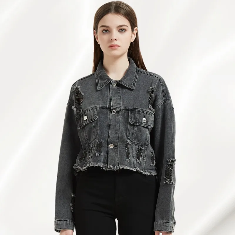 

Button Up Black Denim Jeans Jackets Ripped Crop Ladies Jean Jacket For Women