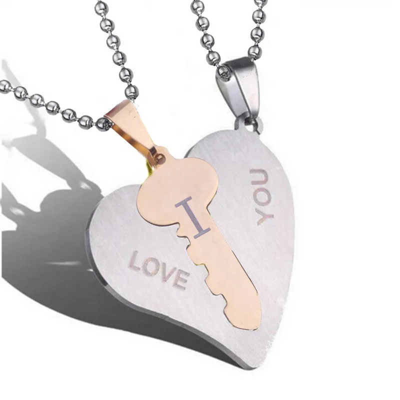 

MIO Happy Valentine's Day stainless steel heart-shaped puzzle key pendant couple necklace, Silver/gold