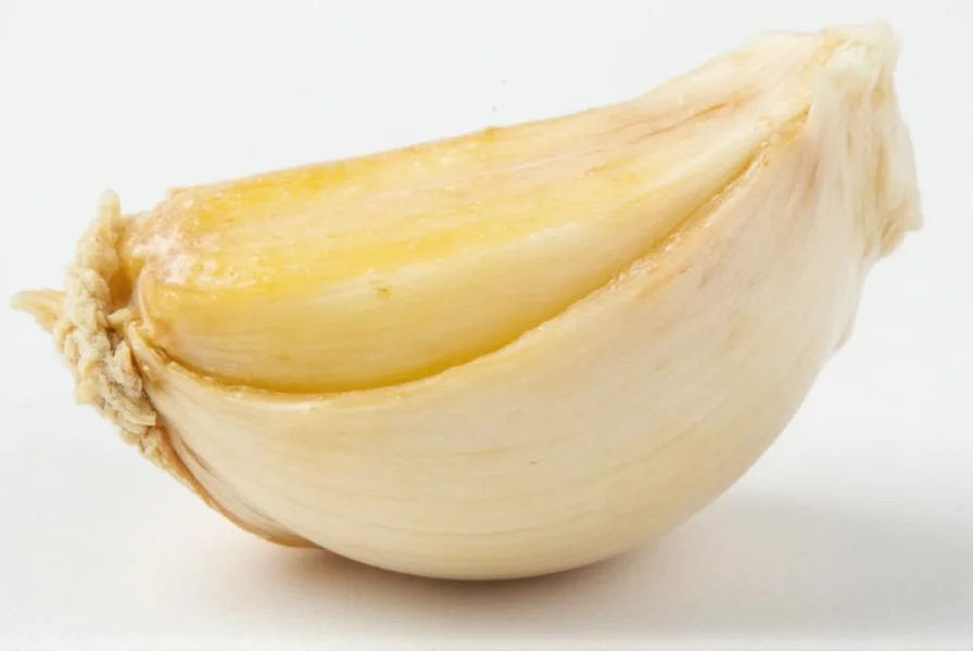 Chef's hand measuring minced garlic using teaspoon against fresh garlic cloves