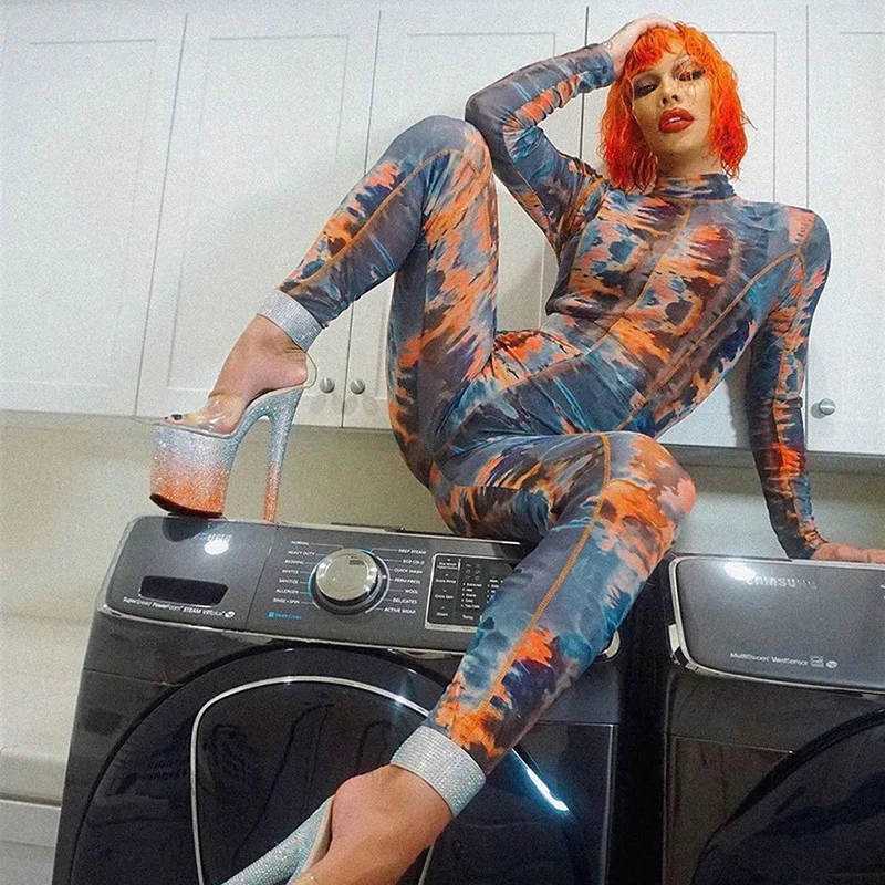 

Stand-Up Collar Printing Long Sleeved Women'S Romper Stitching Shaper Stretch Slimming Fitness One Piece Jumpsuit For Women, Picture color