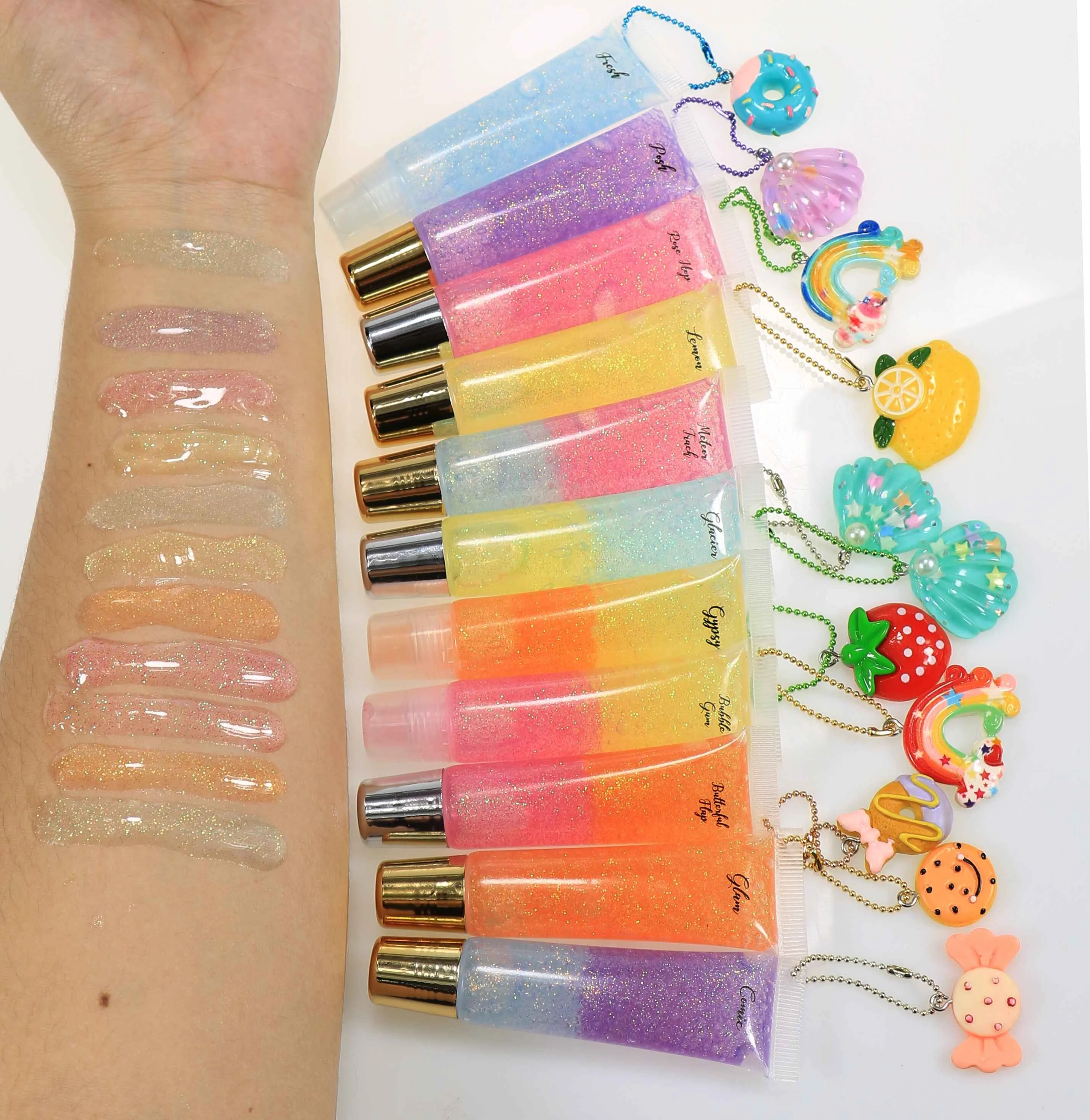 

Wholesale lip gloss glitter nude bulk squeezed lip gloss tubes vegan private label Makeup kid lip gloss with chain