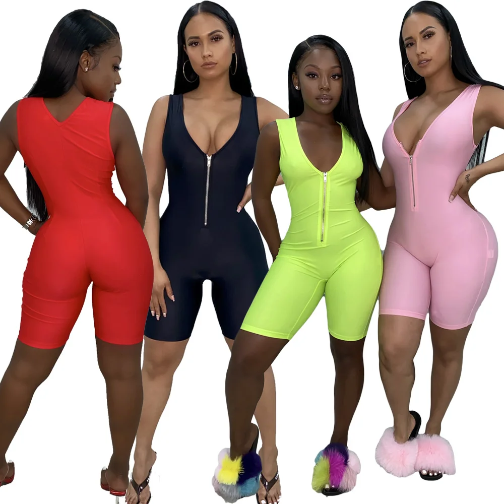 

2021 Women Fitness Playsuits Sleeveless Zipper Fly Patchwork Bodysuit Sporting Skinny Outfits Jumpsuit