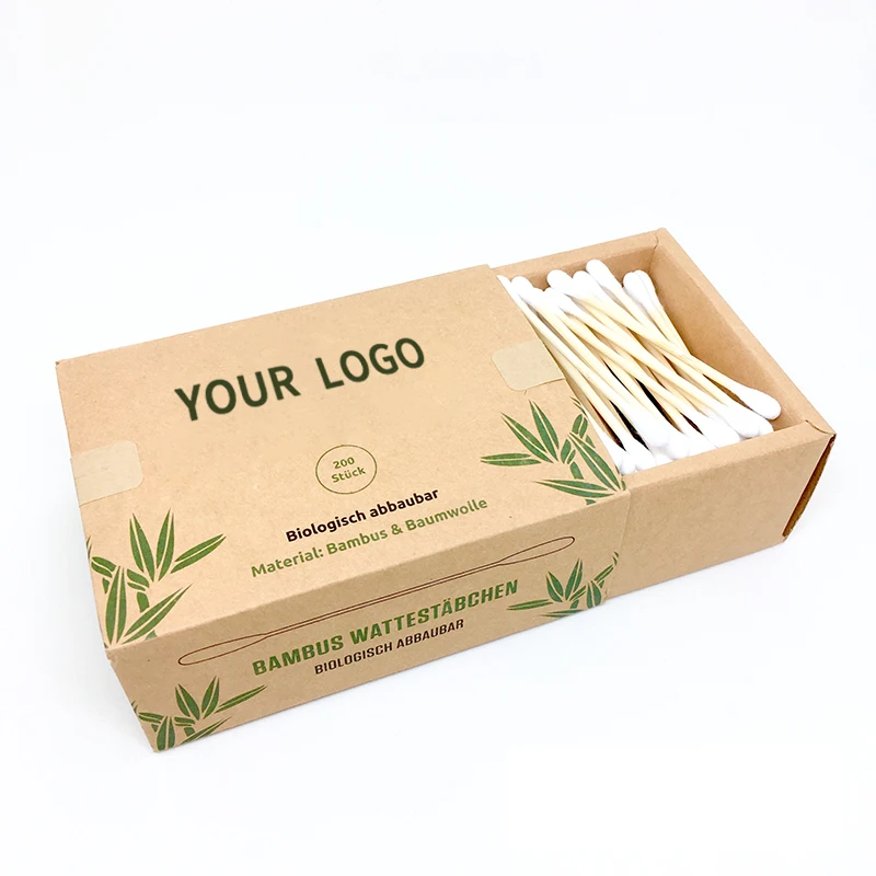 

200pcs OEM Eco Friendly Biodegradable Q-tip Medical or Daily Use Paper Boxes Bamboo Stick Custom Packaging Cotton Swabs, White cotton+natural bamboo color