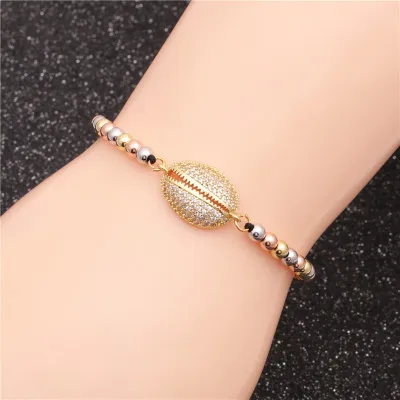 

Amazon Best Selling Micro CZ Paved Seashell Bead Bracelets Handmade Golden Bead Crystal Evil Eyes Charm Bracelet for Women