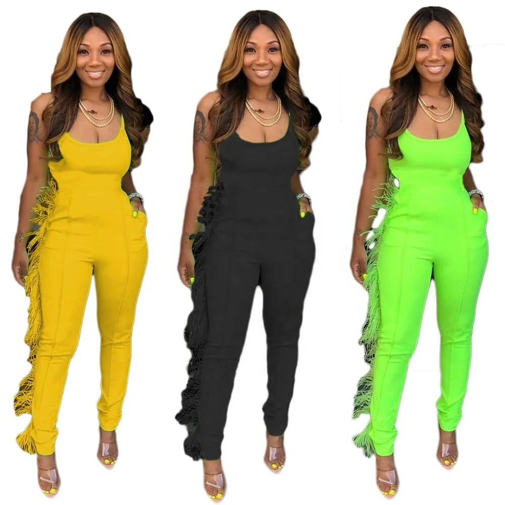

Autumn hot design tassel soild color nightclub wear tight spaghetti Straps jumpsuit for women