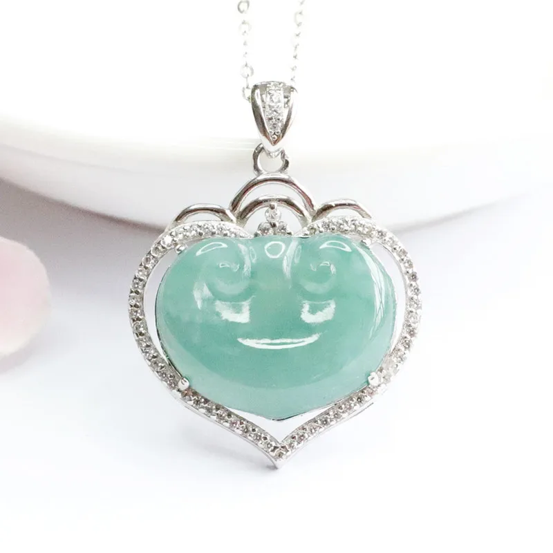 

S925 Silver Inlay Natural Emerald Ice Blue Water Ruyi Head Pendant Jewelry Live Delivery FC2051209